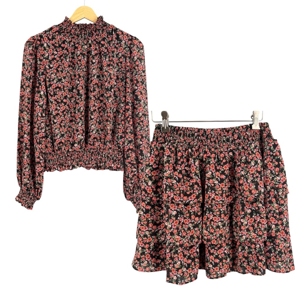 Lost + Wander Rose Garden Floral 2 Piece Set Small Blouse Skirt Black Pink New